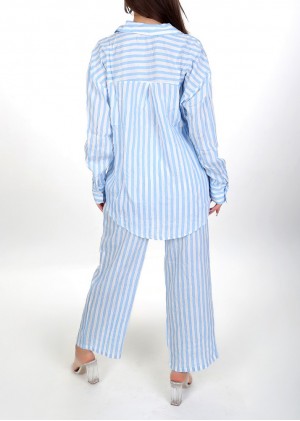 Kadın Oversize Gömlek Pantolon Takım - Bebe mavi Beyaz Çizgili Günlük Giyim 38-44 Beden