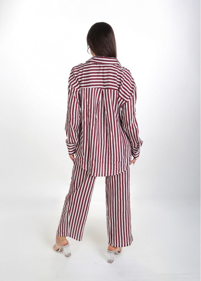Kadın Oversize Gömlek Pantolon Takım - Bordo Beyaz Çizgili Günlük Giyim 38-44 Beden