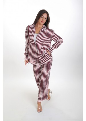 Kadın Oversize Gömlek Pantolon Takım - Bordo Beyaz Çizgili Günlük Giyim 38-44 Beden