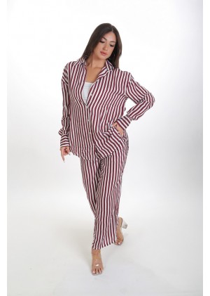 Kadın Oversize Gömlek Pantolon Takım - Bordo Beyaz Çizgili Günlük Giyim 38-44 Beden