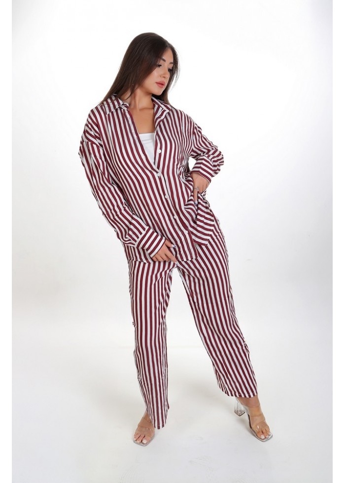 Kadın Oversize Gömlek Pantolon Takım - Bordo Beyaz Çizgili Günlük Giyim 38-44 Beden
