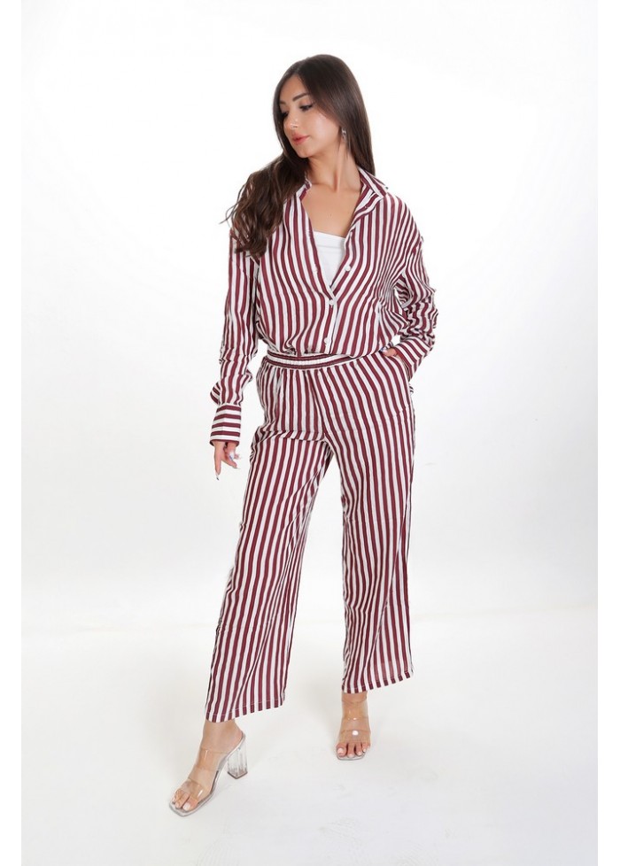 Kadın Oversize Gömlek Pantolon Takım - Bordo Beyaz Çizgili Günlük Giyim 38-44 Beden