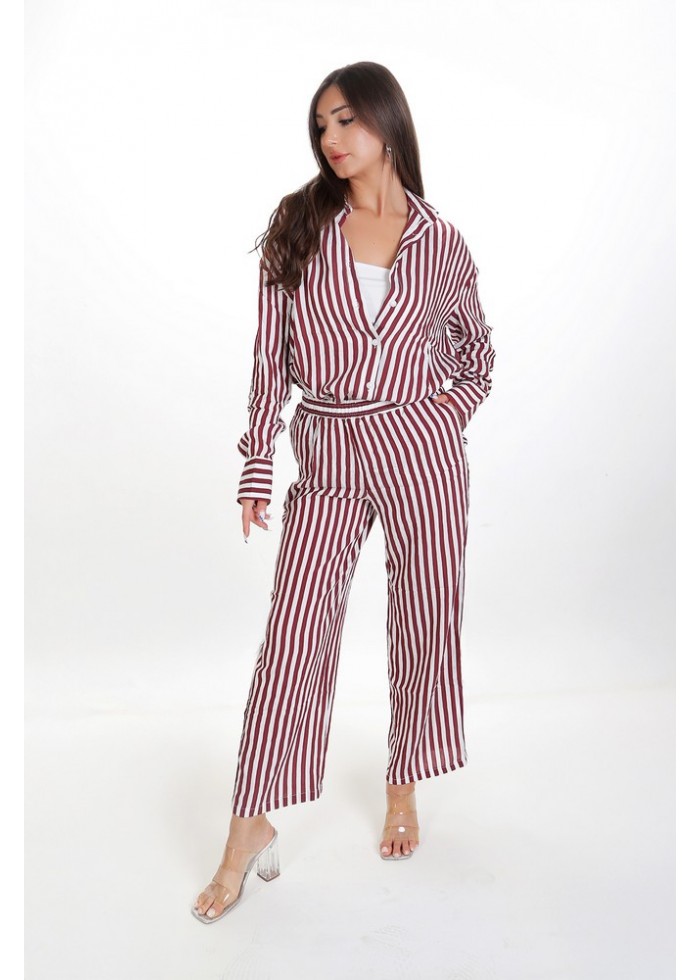 Kadın Oversize Gömlek Pantolon Takım - Bordo Beyaz Çizgili Günlük Giyim 38-44 Beden