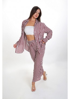 Kadın Oversize Gömlek Pantolon Takım - Bordo Beyaz Çizgili Günlük Giyim 38-44 Beden