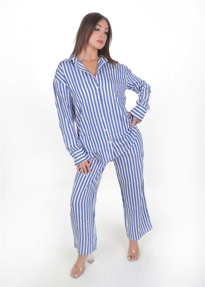 Kadın Oversize Gömlek Pantolon Takım - Saks Beyaz Çizgili Günlük Giyim 38-44 Beden