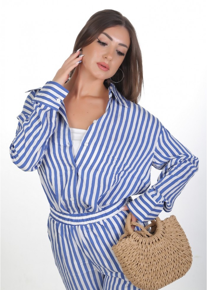 Kadın Oversize Gömlek Pantolon Takım - Saks Beyaz Çizgili Günlük Giyim 38-44 Beden