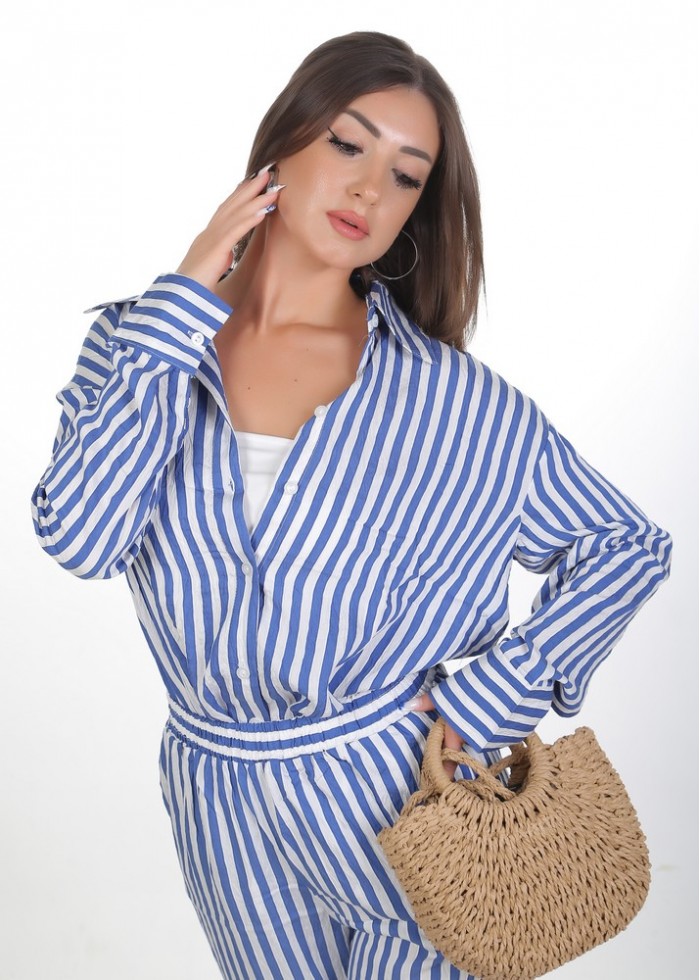 Kadın Oversize Gömlek Pantolon Takım - Saks Beyaz Çizgili Günlük Giyim 38-44 Beden