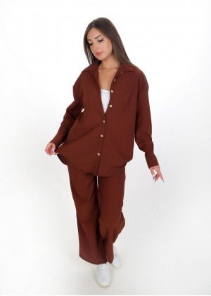 Kadın Luna Oversize Gömlek Pantolon Takım - Acı Kahve 38-44 Beden