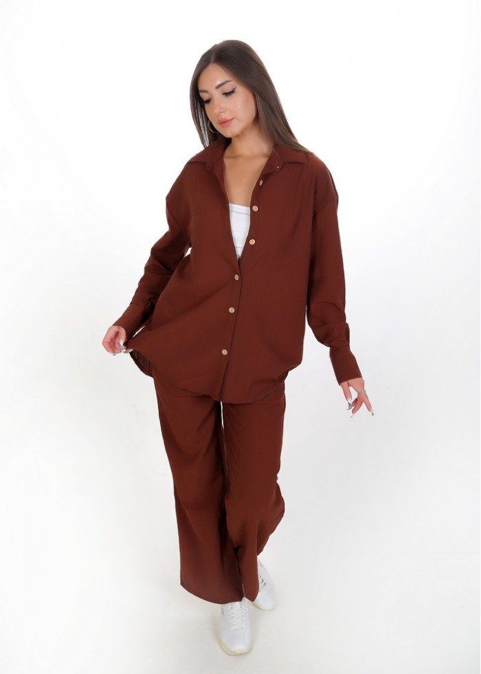Kadın Luna Oversize Gömlek Pantolon Takım - Acı Kahve 38-44 Beden