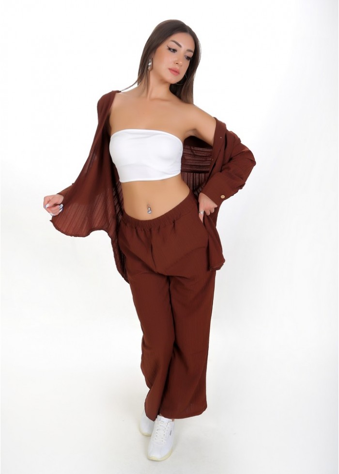 Kadın Luna Oversize Gömlek Pantolon Takım - Acı Kahve 38-44 Beden