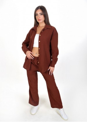 Kadın Luna Oversize Gömlek Pantolon Takım - Acı Kahve 38-44 Beden