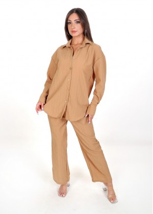Kadın Luna Oversize Gömlek Pantolon Takım - Camel 38-44 Beden