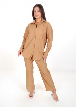 Kadın Luna Oversize Gömlek Pantolon Takım - Camel 38-44 Beden