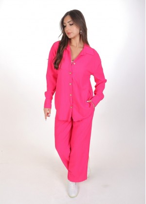 Kadın Luna Oversize Gömlek Pantolon Takım - Fuşya 38-44 Beden