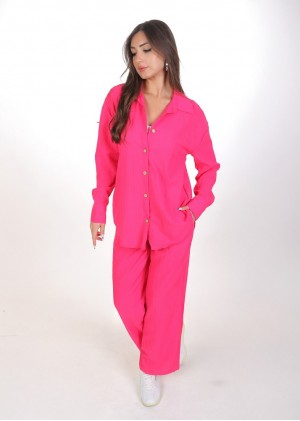 Kadın Luna Oversize Gömlek Pantolon Takım - Fuşya 38-44 Beden