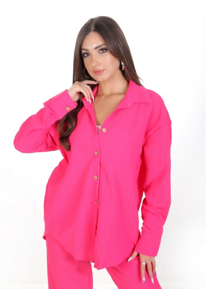 Kadın Luna Oversize Gömlek Pantolon Takım - Fuşya 38-44 Beden