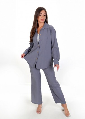 Kadın Luna Oversize Gömlek Pantolon Takım - Füme 38-44 Beden