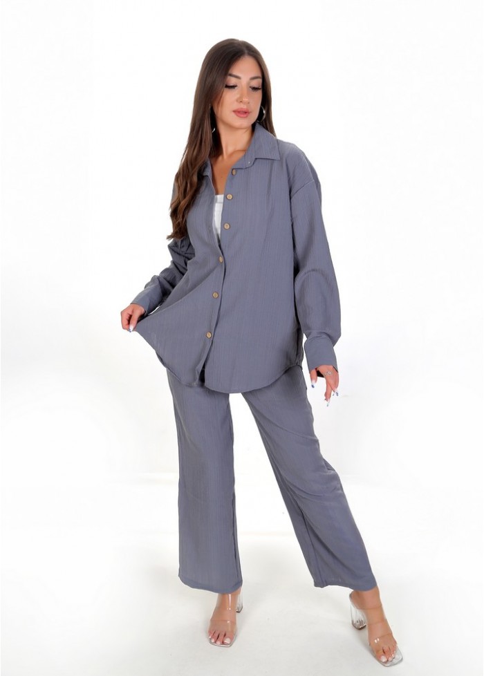 Kadın Luna Oversize Gömlek Pantolon Takım - Füme 38-44 Beden