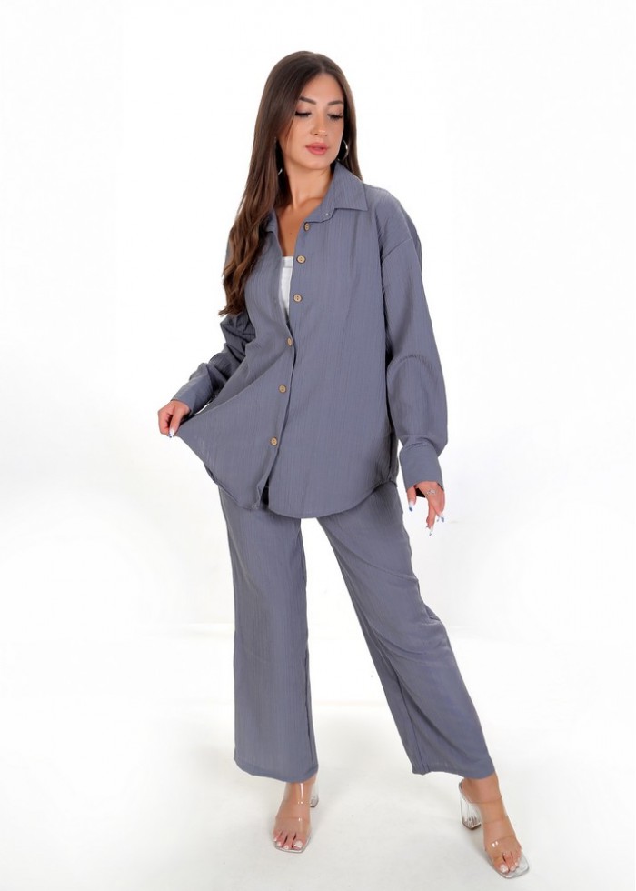 Kadın Luna Oversize Gömlek Pantolon Takım - Füme 38-44 Beden