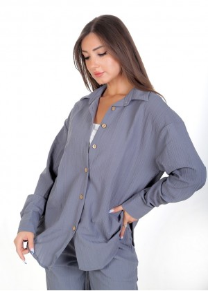 Kadın Luna Oversize Gömlek Pantolon Takım - Füme 38-44 Beden