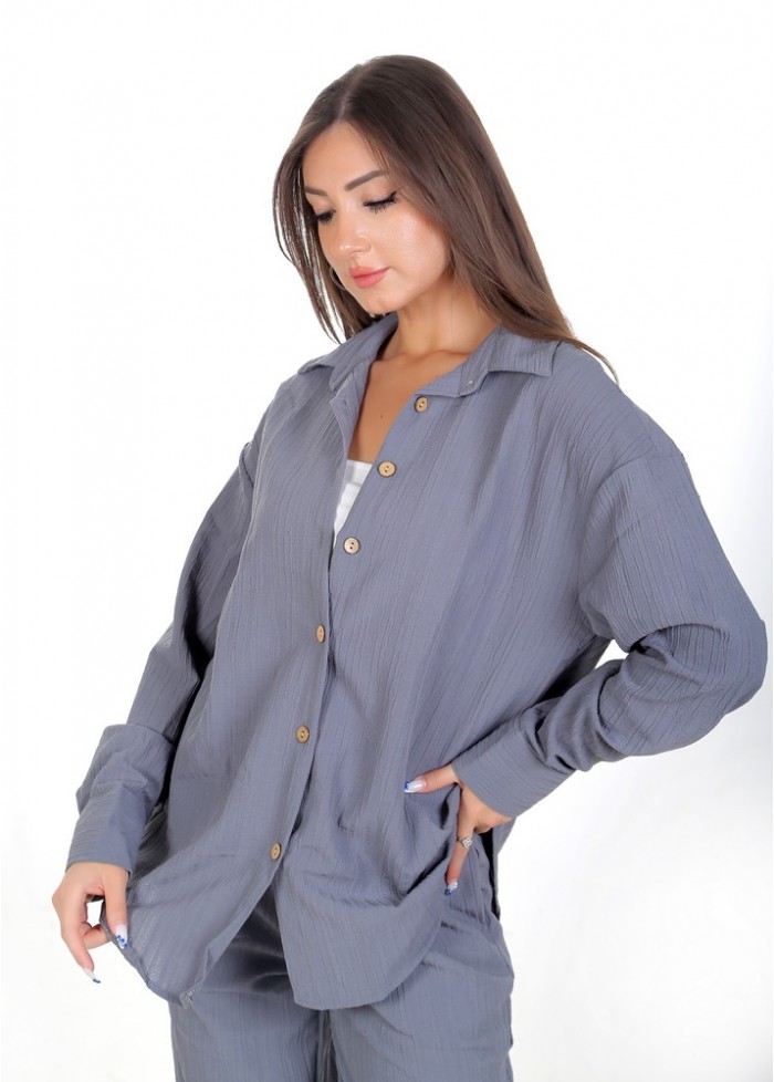 Kadın Luna Oversize Gömlek Pantolon Takım - Füme 38-44 Beden