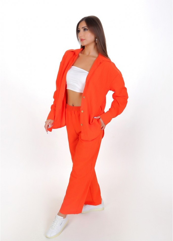 Kadın Luna Oversize Gömlek Pantolon Takım - Turuncu 38-44 Beden