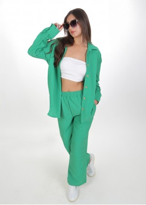 Kadın Luna Oversize Gömlek Pantolon Takım - Zümrüt Yeşili 38-44 Beden