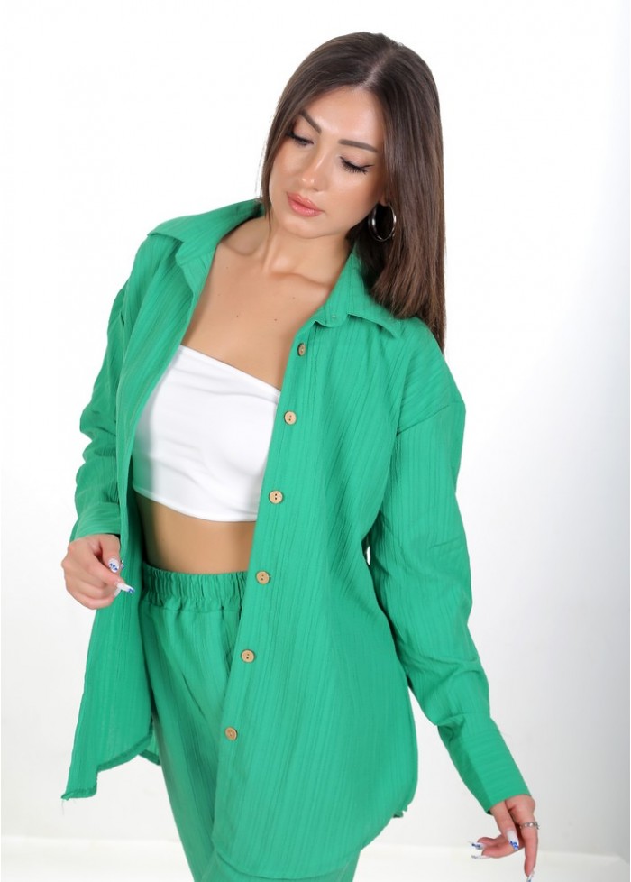 Kadın Luna Oversize Gömlek Pantolon Takım - Zümrüt Yeşili 38-44 Beden