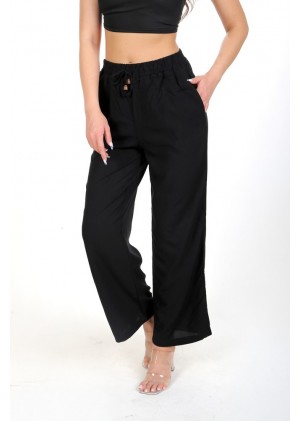 Yüksek Bel Bağlamalı Rahat Kesim Pantolon – Siyah