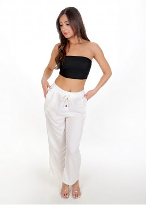 Yüksek Bel Bağlamalı Rahat Kesim Pantolon – Beyaz