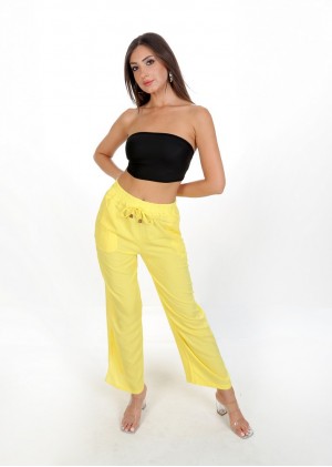 Yüksek Bel Bağlamalı Rahat Kesim Pantolon – Sarı
