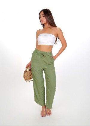 Yüksek Bel Bağlamalı Rahat Kesim Pantolon – Haki