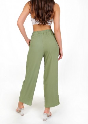 Yüksek Bel Bağlamalı Rahat Kesim Pantolon – Haki