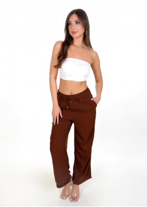 Yüksek Bel Bağlamalı Rahat Kesim Pantolon – Kahve