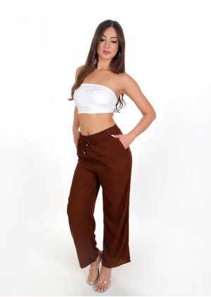 Yüksek Bel Bağlamalı Rahat Kesim Pantolon – Kahve
