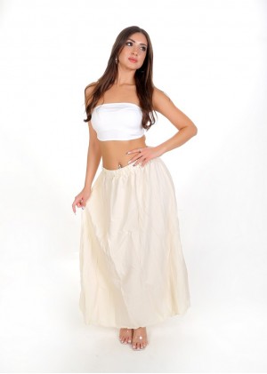 Kadın Ekru Kırışık Dokulu Lastikli Maxi Etek