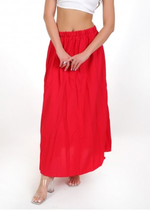Kadın Kırmız Kırışık Dokulu Lastikli Maxi Etek