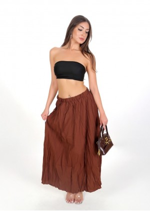 Kadın Kahve Kırışık Dokulu Lastikli Maxi Etek