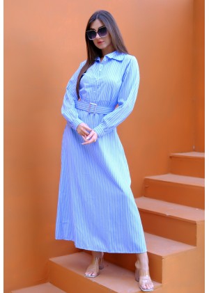 Auré Line – Kadın B.Mavi Dikey Çizgi Kemerli Elbise1