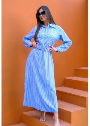 Auré Line – Kadın B.Mavi Dikey Çizgi Kemerli Elbise1
