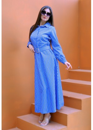 Auré Line – Kadın Saks Mavi Dikey Çizgi Kemerli Elbise 