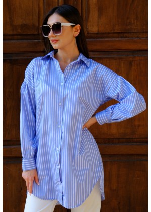 Oversize Çizgili Poplin Gömlek - Bebe Mavisi 