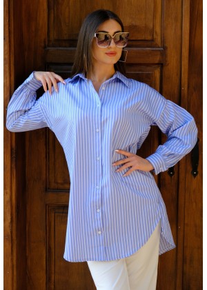 Oversize Çizgili Poplin Gömlek - Bebe Mavisi 