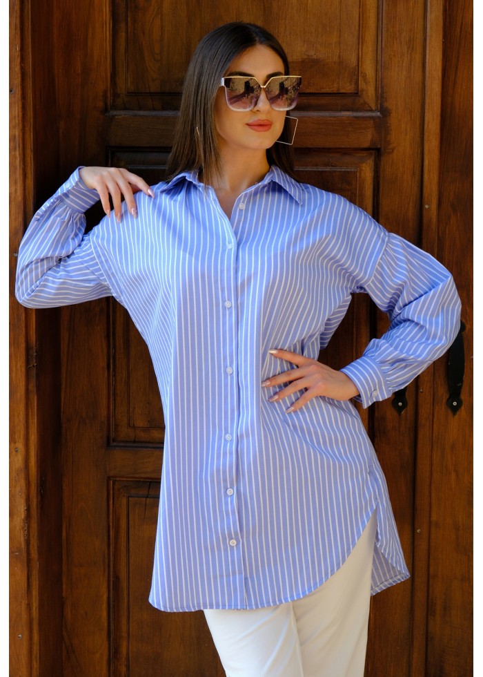 Oversize Çizgili Poplin Gömlek - Bebe Mavisi 