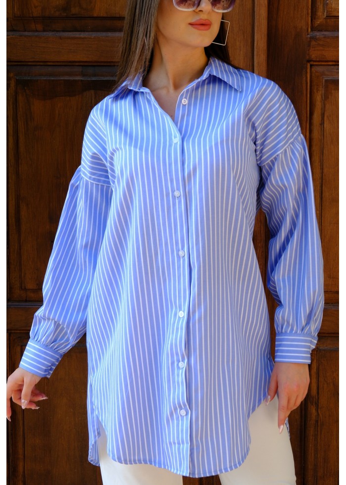 Oversize Çizgili Poplin Gömlek - Bebe Mavisi 