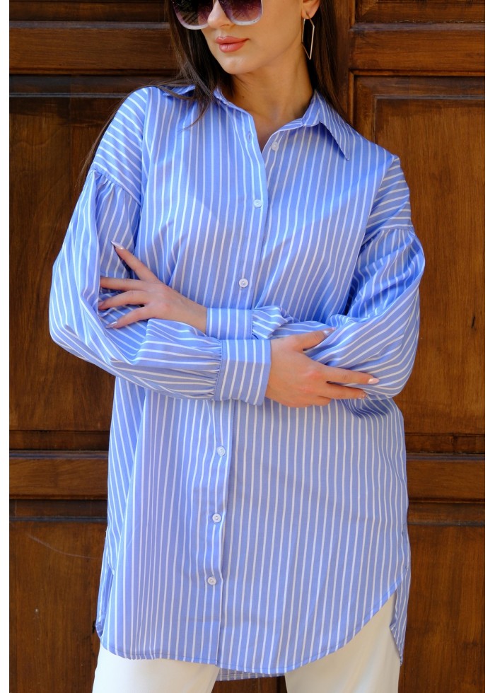 Oversize Çizgili Poplin Gömlek - Bebe Mavisi 