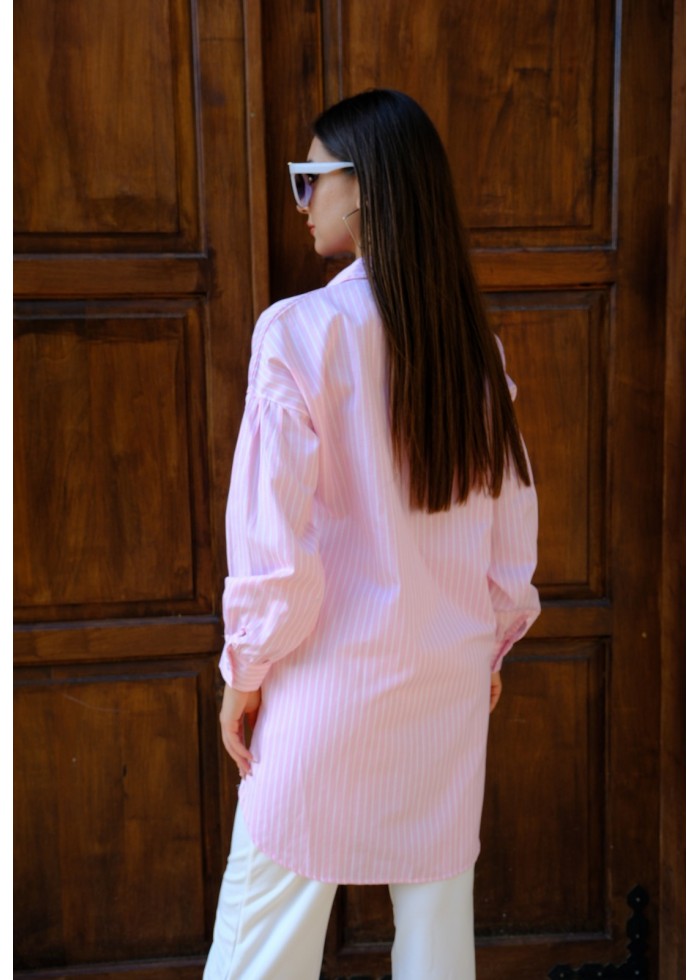 Oversize Çizgili Poplin Gömlek - Pudra 