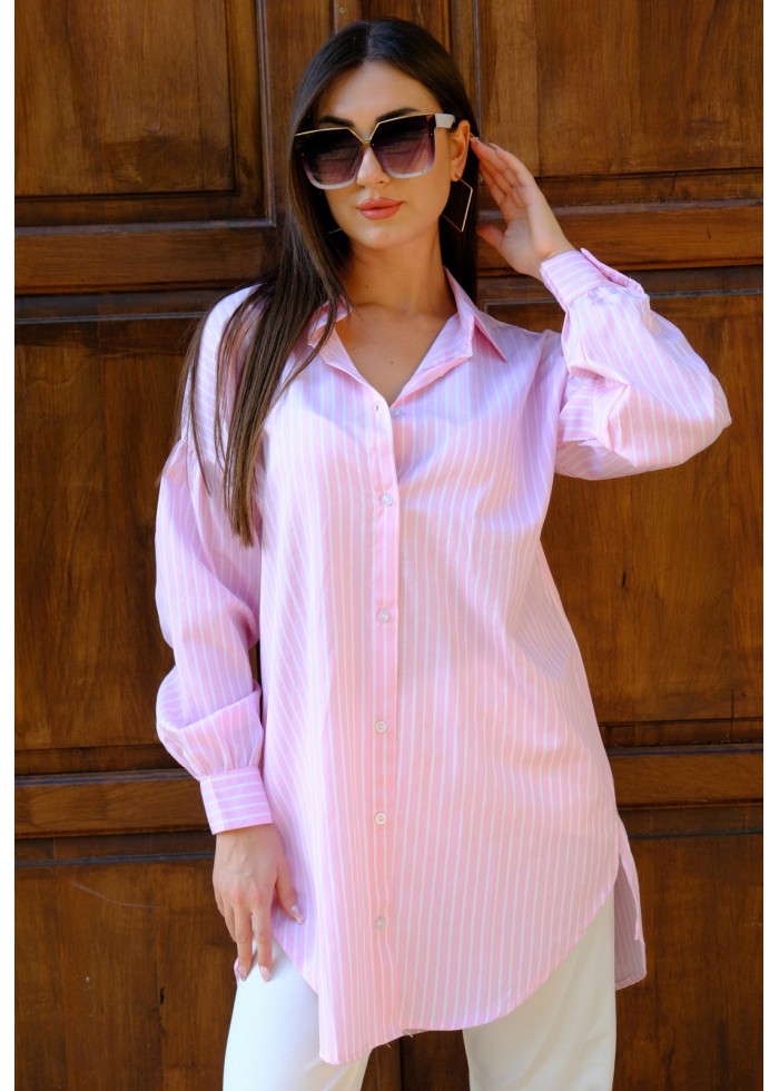 Oversize Çizgili Poplin Gömlek - Pudra 