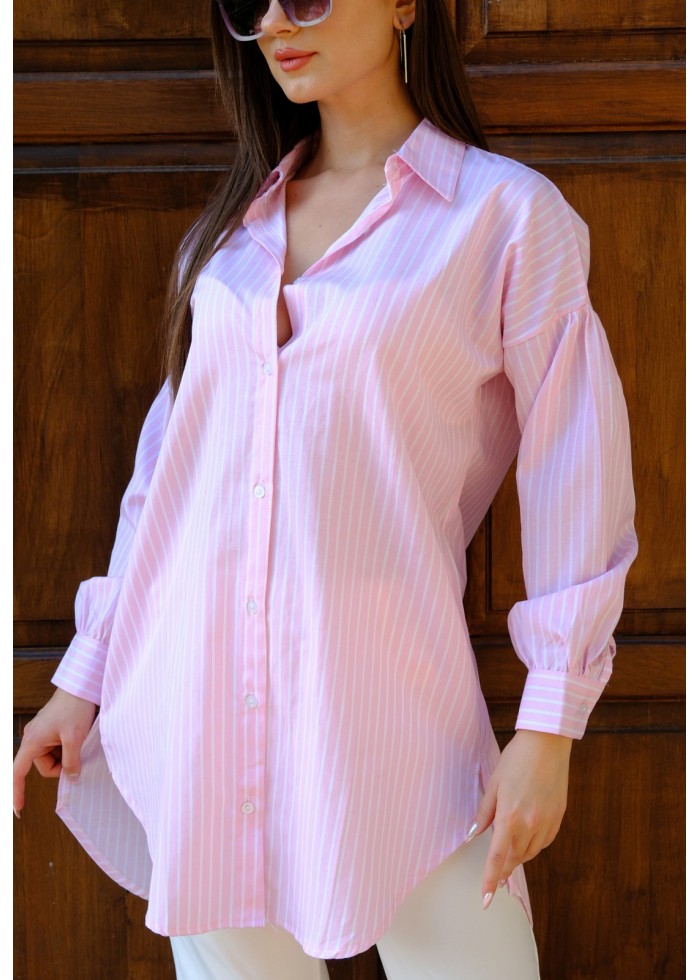 Oversize Çizgili Poplin Gömlek - Pudra 