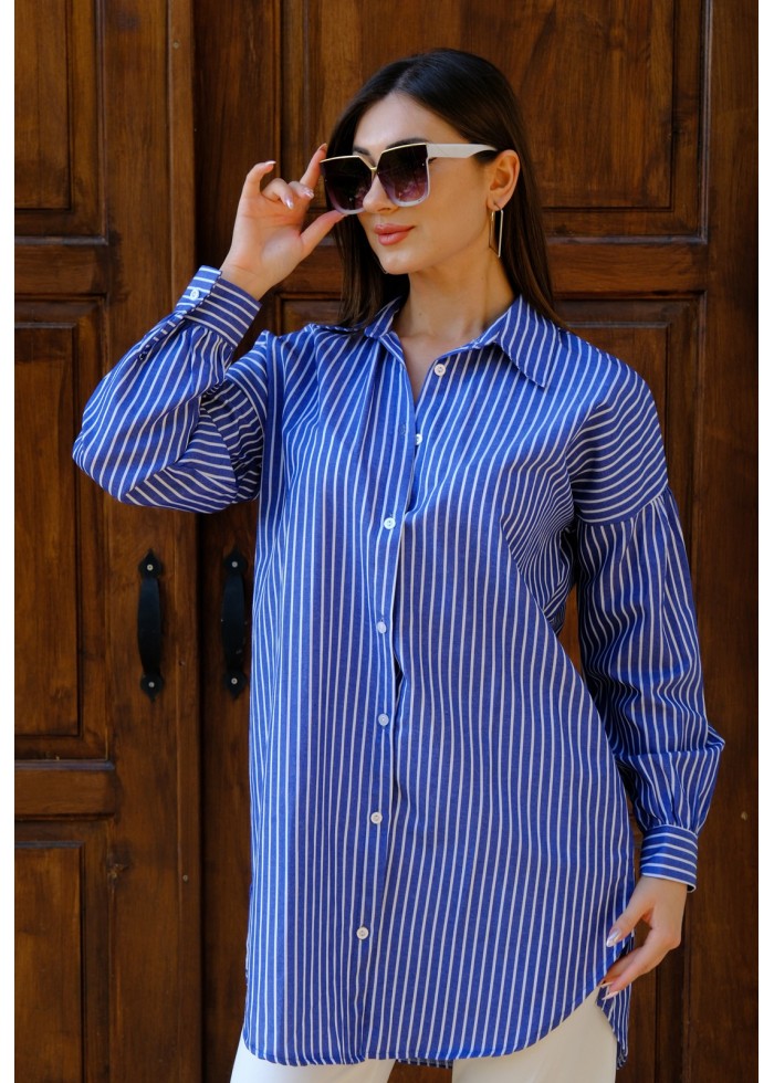 Oversize Çizgili Poplin Gömlek – Saks Mavisi